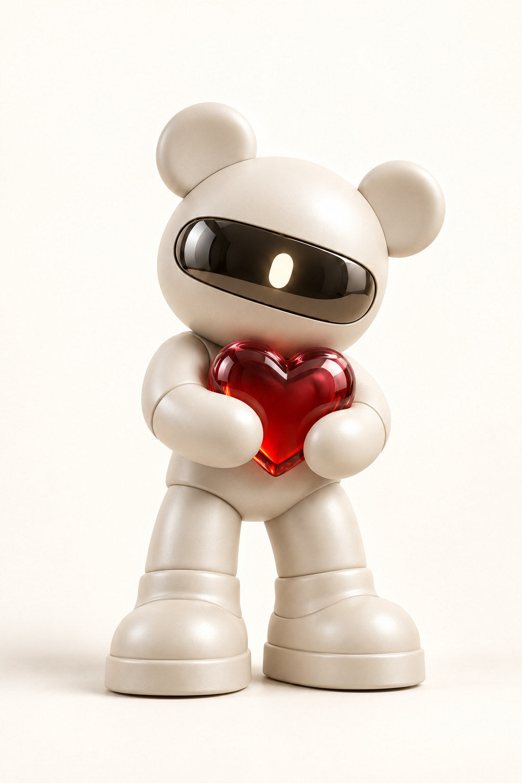 Pearl, an ivory visor bear, holds a glossy red heart against a light studio background.