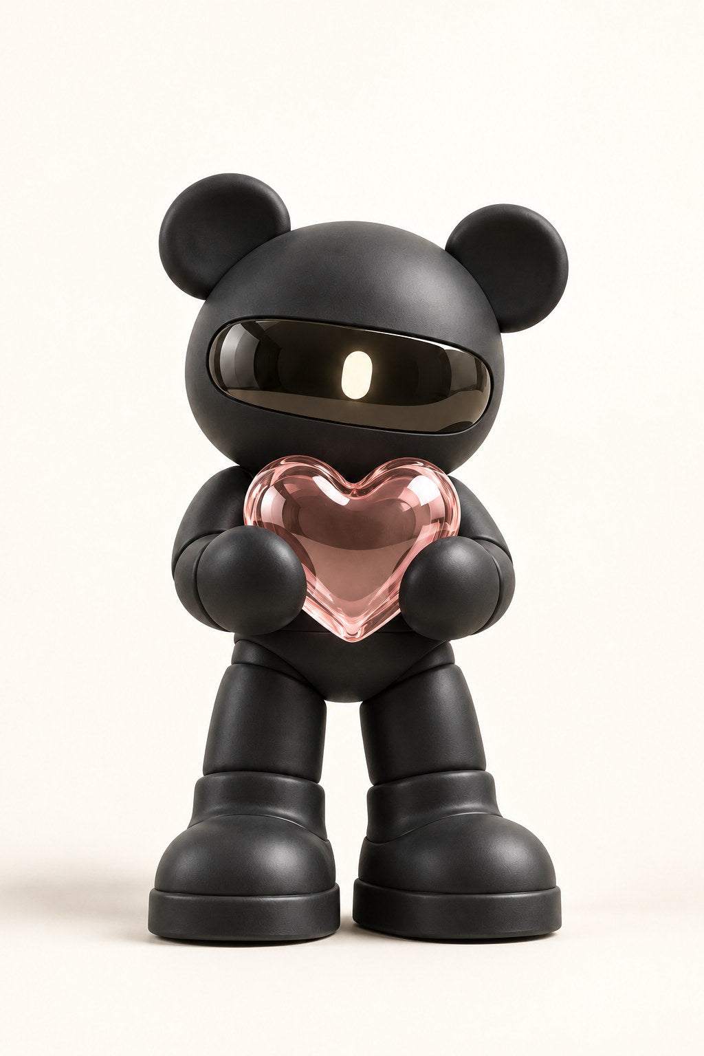 Ash, a graphite visor bear, stands holding a translucent pink heart against ivory.
