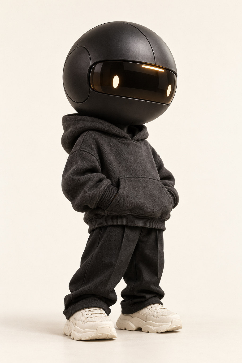 Echo, a graphite helmet robot, wears a charcoal hoodie, black trousers and ivory trainers.
