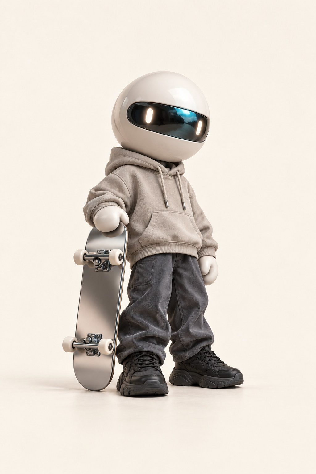 Skye, an ivory helmet robot in a stone hoodie, rests one hand on a silver skateboard.