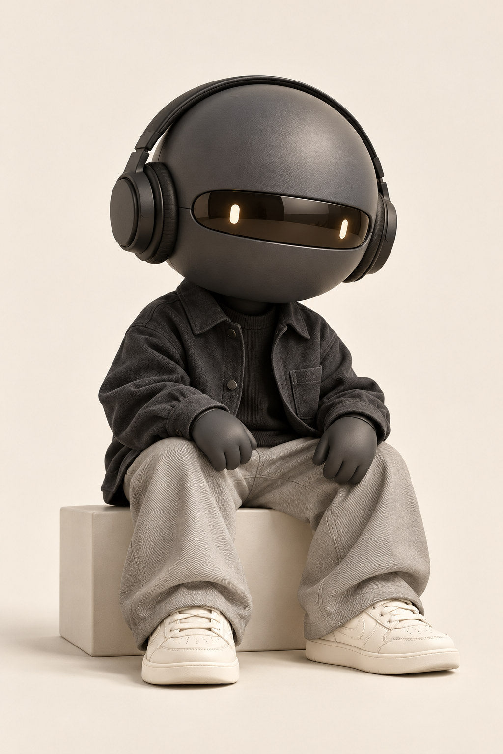 Echo, a graphite helmet robot wearing headphones, sits on an ivory plinth in an overshirt and light trousers.