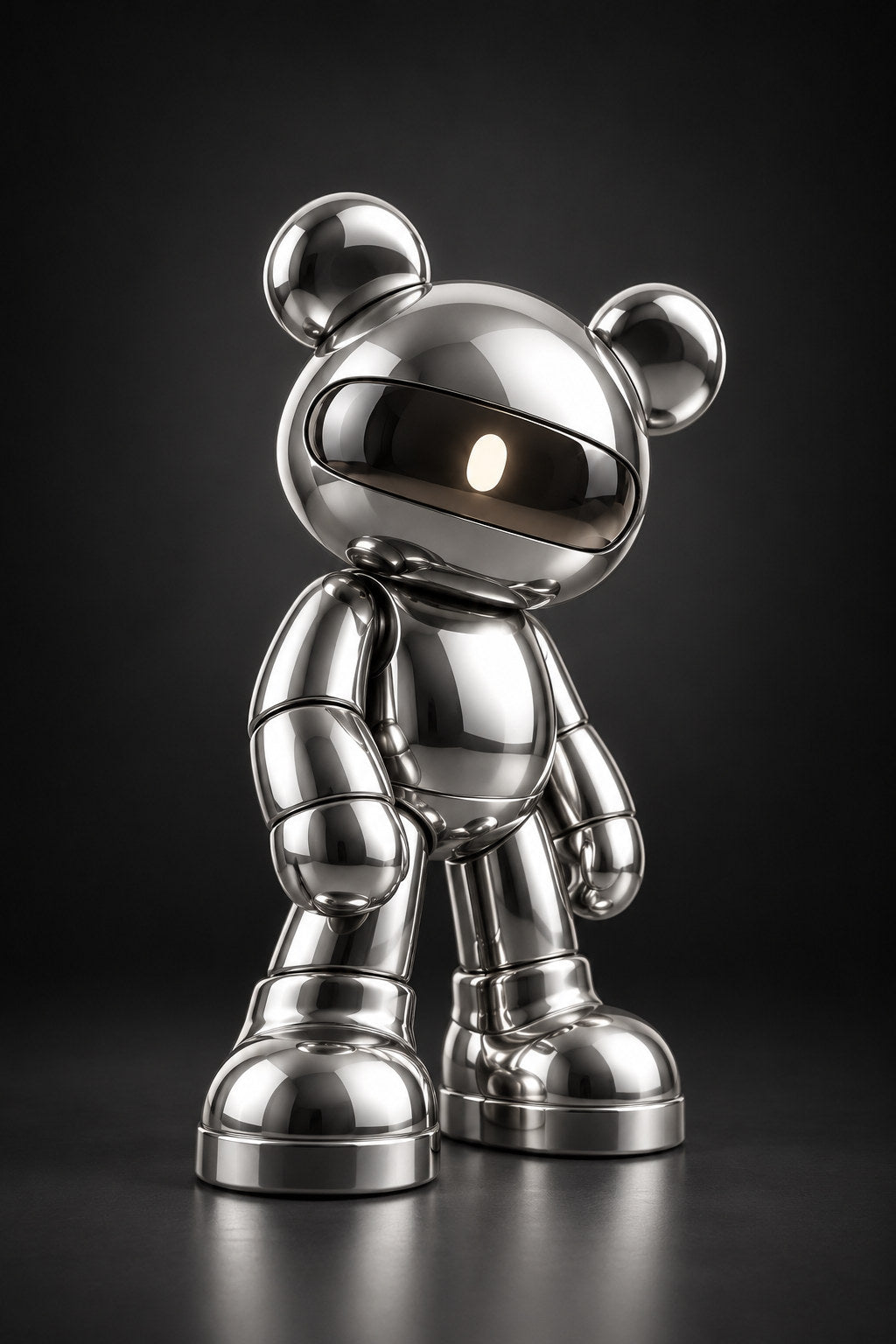 Sterling, a mirror-chrome visor bear, stands against deep charcoal.