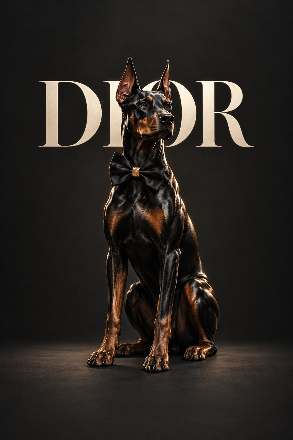 A seated black-and-tan Dobermann wears a black bow tie against charcoal, with cream DIOR lettering behind it.