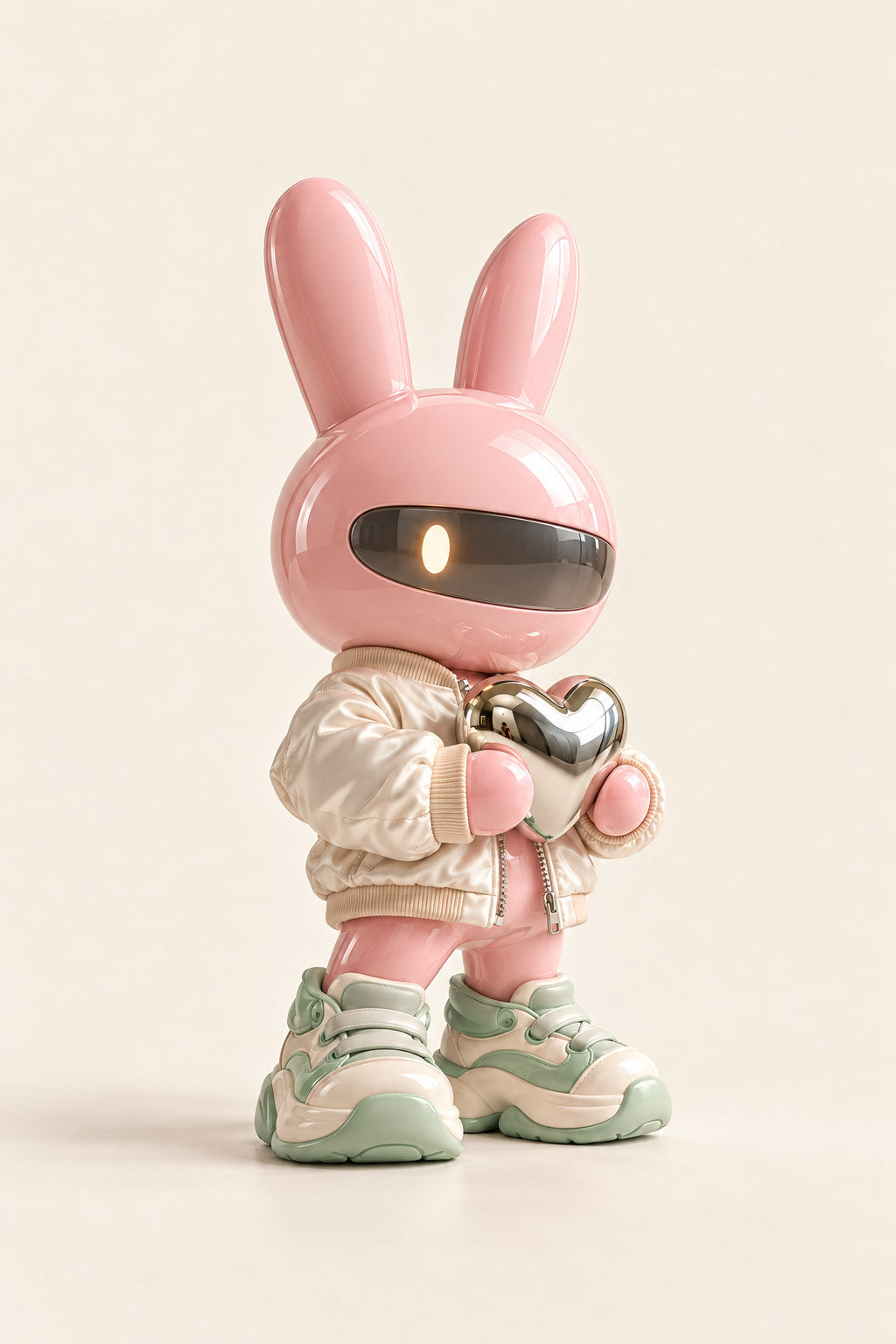 Pip, a pink visor rabbit in a cream jacket and mint-accented sneakers, stands holding a chrome heart.