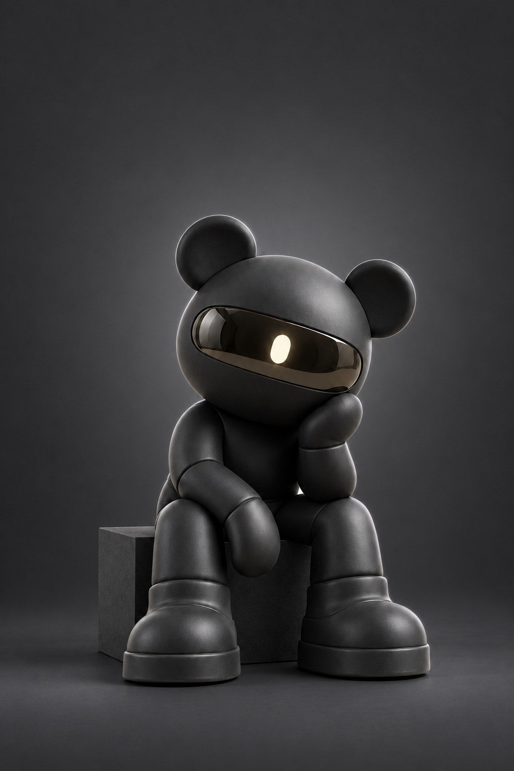 Ash, a matte graphite visor bear, sits thoughtfully on a dark cube against charcoal.