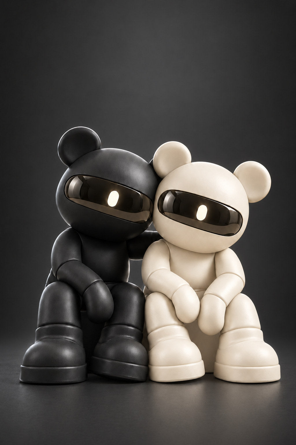Ash and Pearl, graphite and ivory visor bears, sit together against deep charcoal.