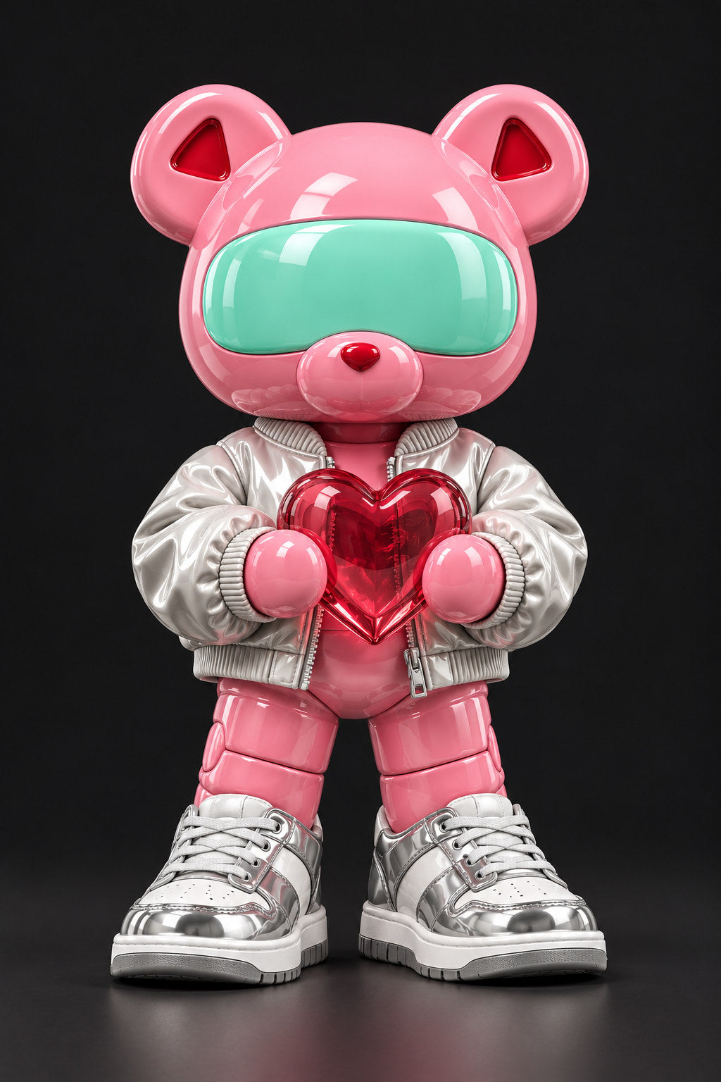 Rosie, a pink visor bear in a silver jacket and silver trainers, holds a red heart against charcoal.