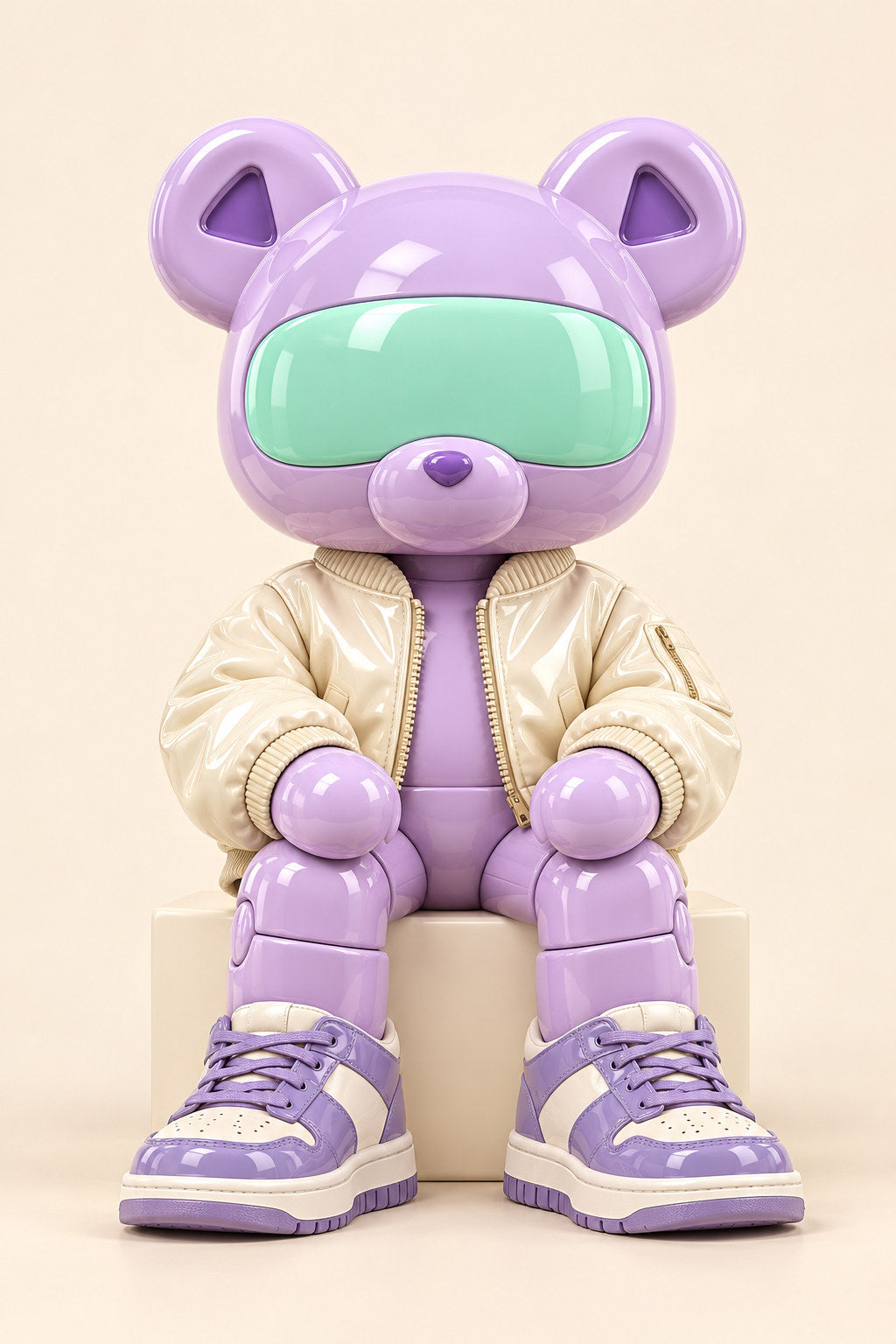 Violet, a lavender visor bear in a cream jacket, sits on an ivory cube with paws on its knees.