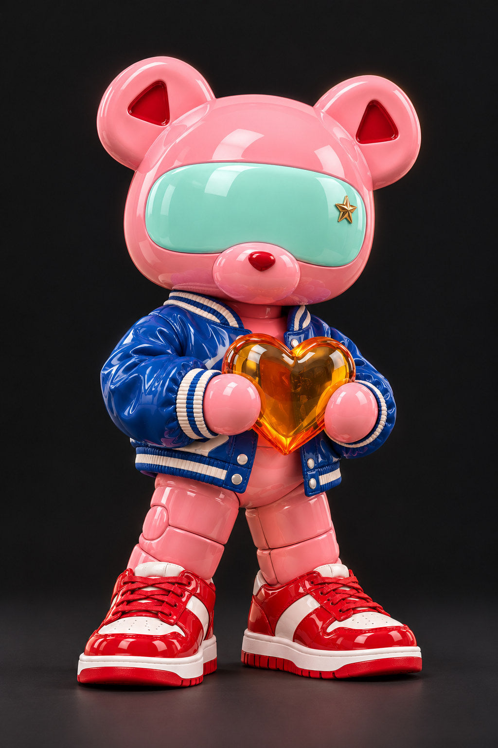 Rosie, a pink visor bear in a cobalt jacket and red-and-white sneakers, holds an amber heart against charcoal.