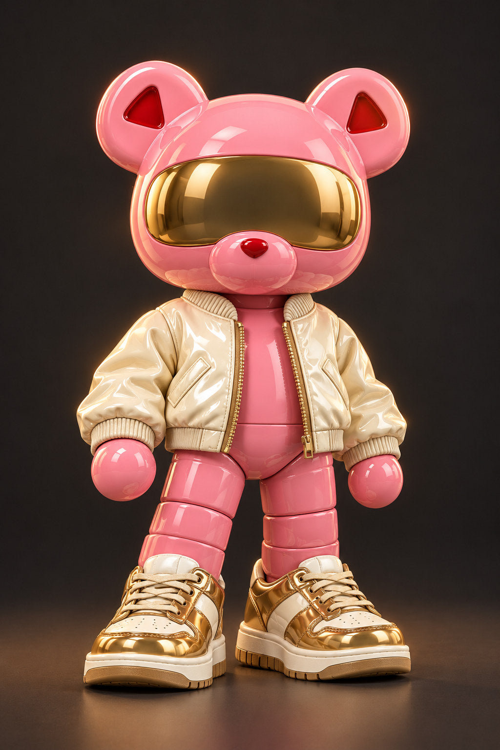 Rosie, a pink bear with a gold visor, cream jacket and gold-accented trainers, stands against charcoal.