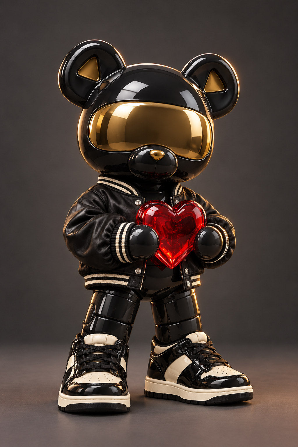 Lux, a graphite bear in a black varsity jacket with a gold-tinted visor, holds a red heart against charcoal.