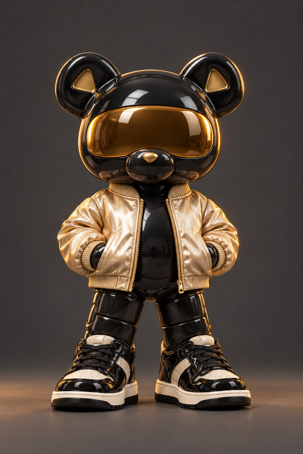 Lux, a graphite bear wearing a gold bomber and black trainers, stands with paws in pockets against charcoal.
