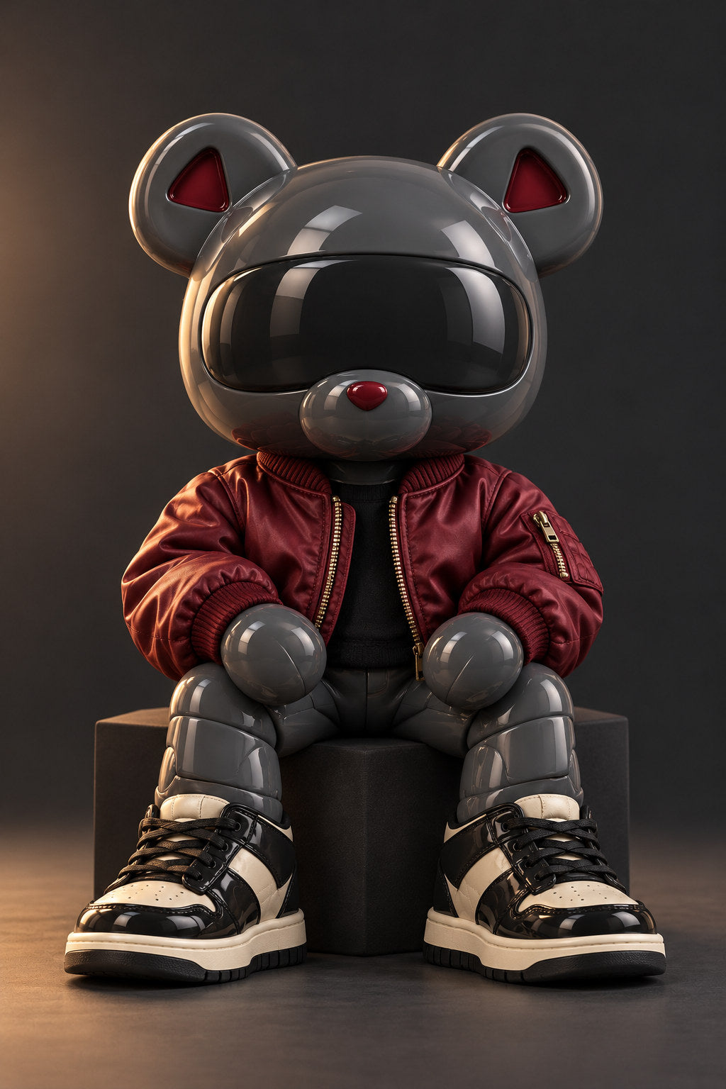 Slate, a graphite bear in a burgundy jacket, sits on a dark cube with paws on its knees.