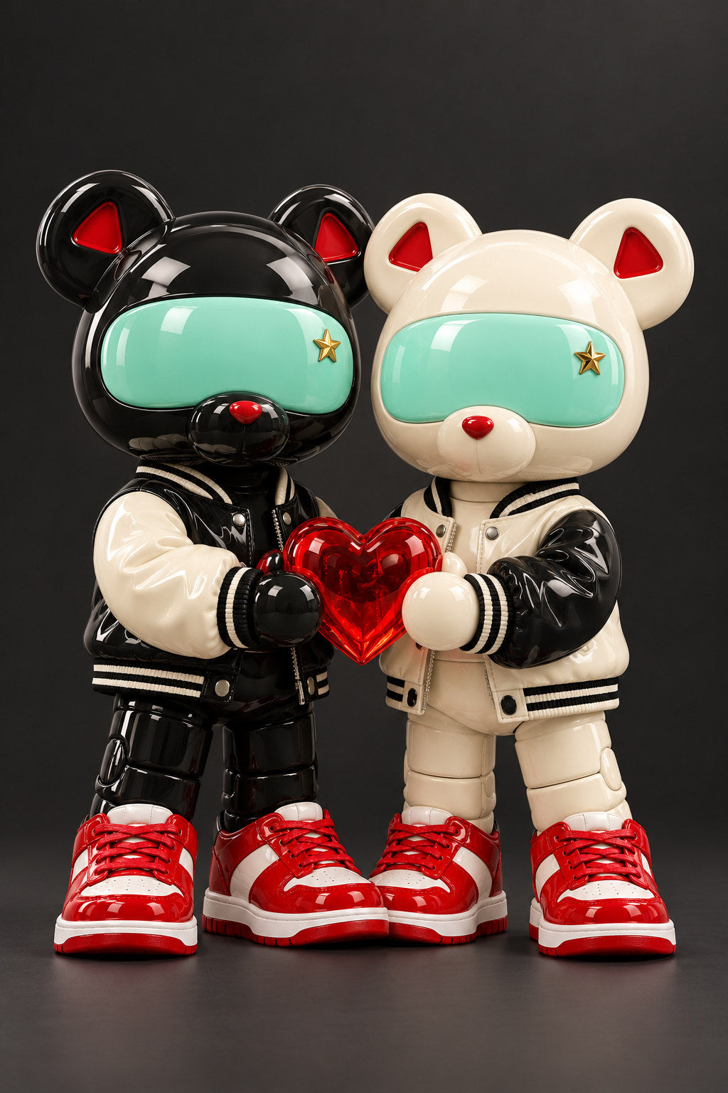 Lux and Pearl, graphite and ivory bears in varsity jackets, share a red heart against charcoal.