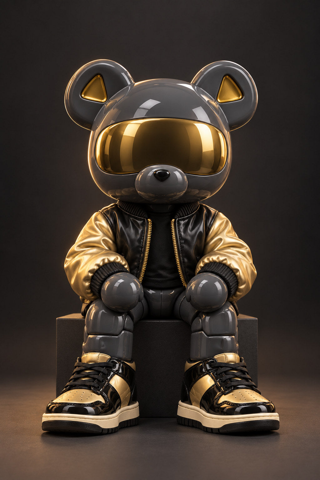 Lux, a graphite bear in a gold-accented jacket and trainers, sits on a low charcoal cube.