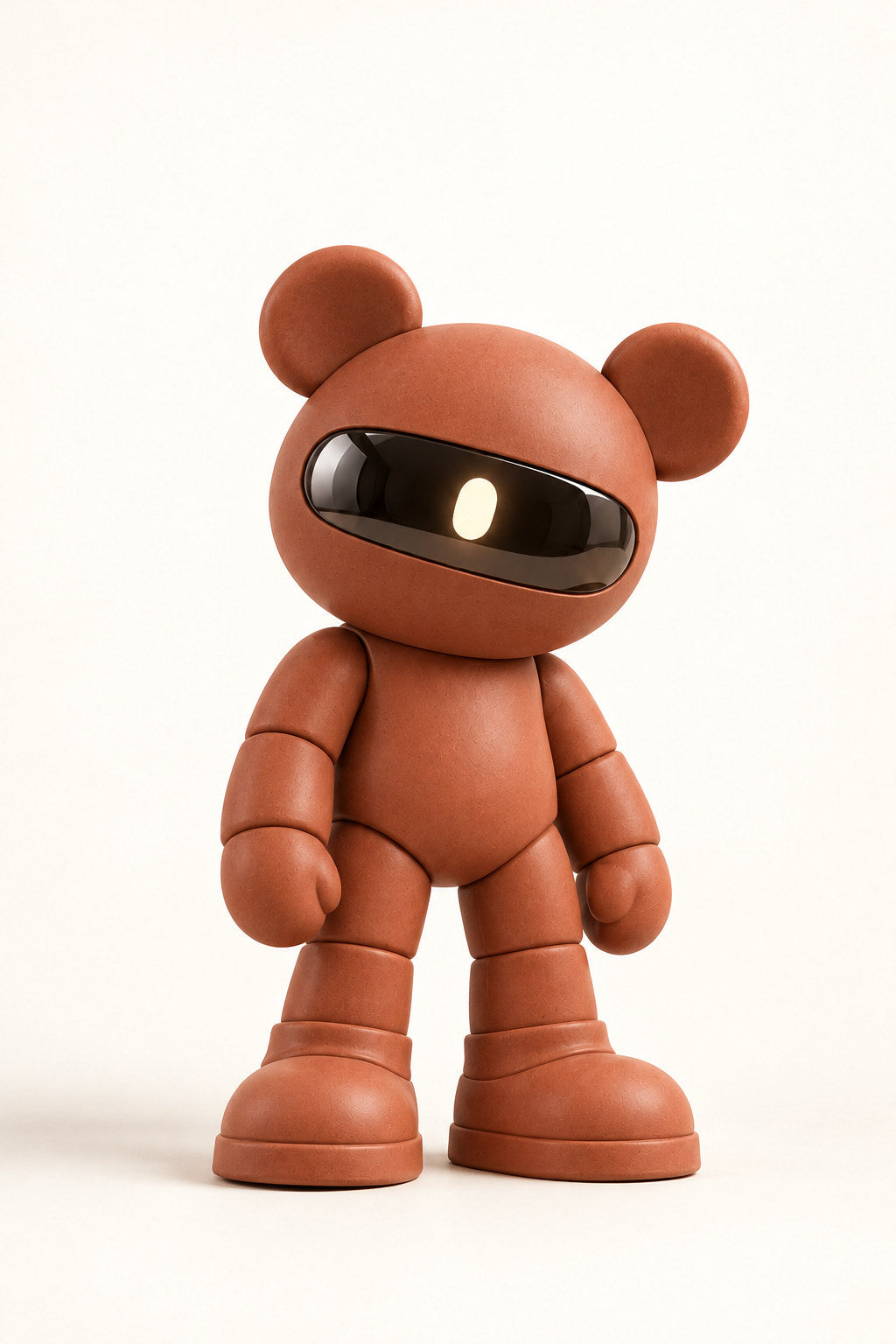 Ember, a matte terracotta visor bear, stands against warm ivory.