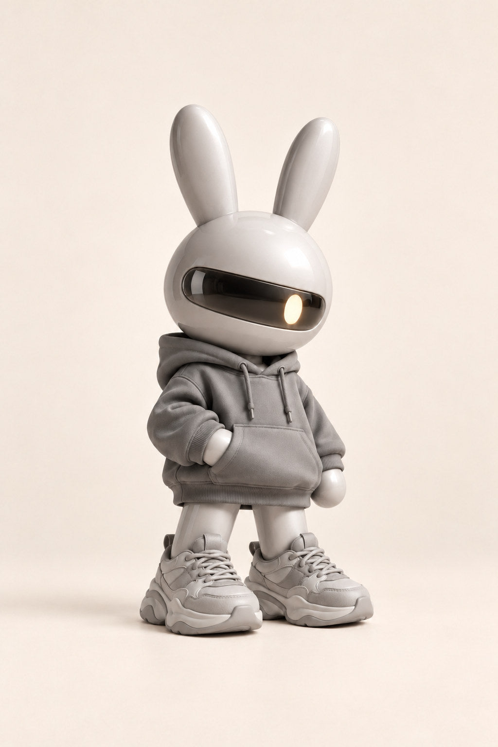 Lumi, a pearl-grey visor rabbit, stands in a grey hoodie and matching trainers against ivory.