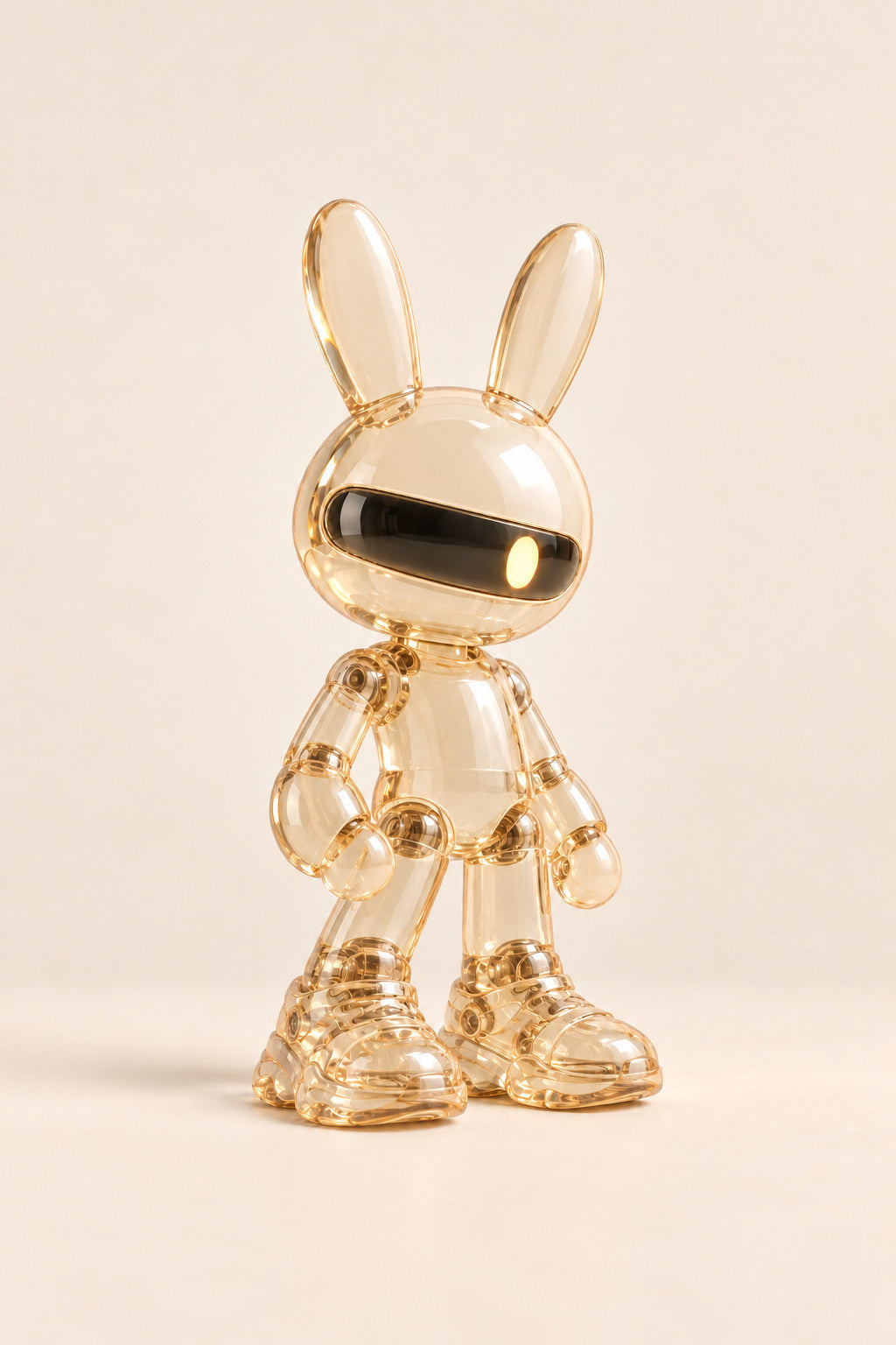 Halo, a transparent amber-tinted visor rabbit with long ears, stands against warm ivory.
