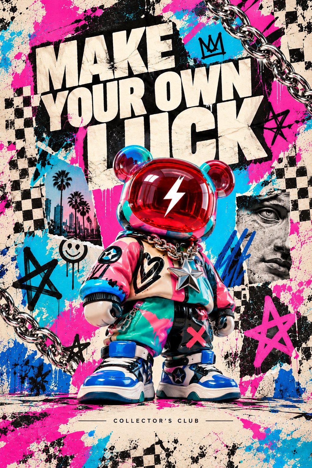 An original glossy bear figure wears a colourful patchwork suit and cobalt sneakers.