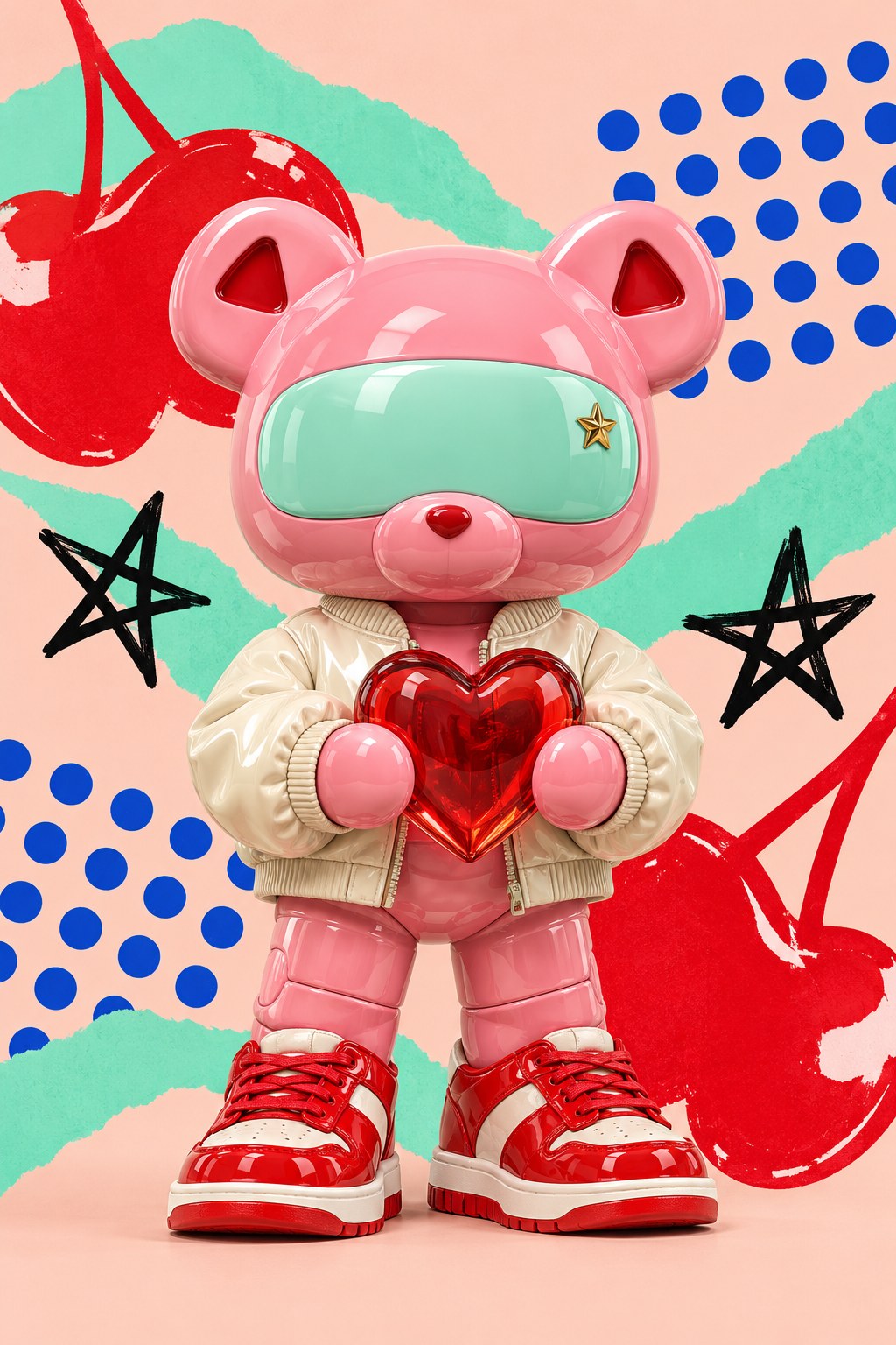A pink original bear figure holds a transparent cherry-red heart in a mint-and-peach pop-art collage.
