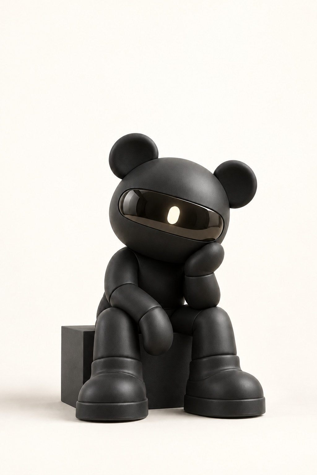 Ash, a matte graphite visor bear, sits on an ivory cube with one paw against its cheek.