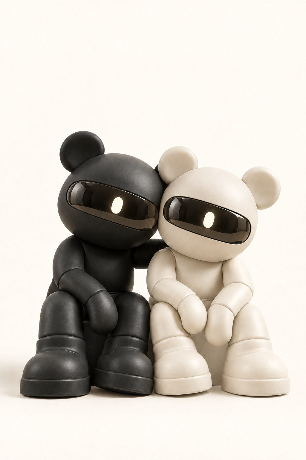 Ash and Pearl, graphite and ivory visor bears, sit side by side on a low bench.
