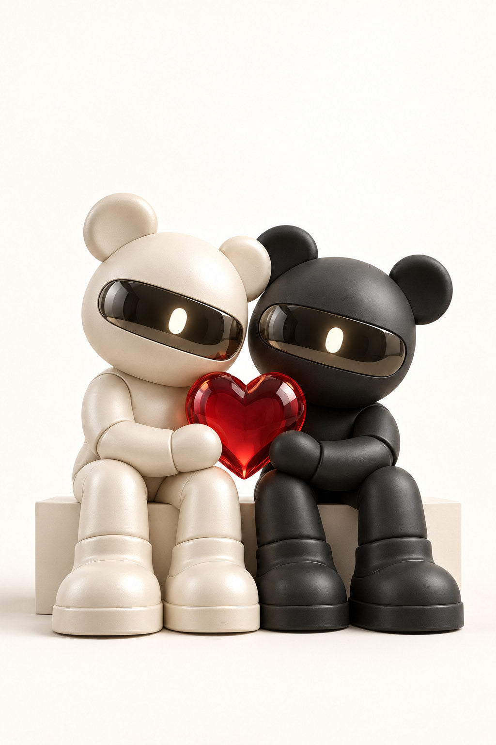 Ash and Pearl, graphite and ivory visor bears, hold one red heart between them.