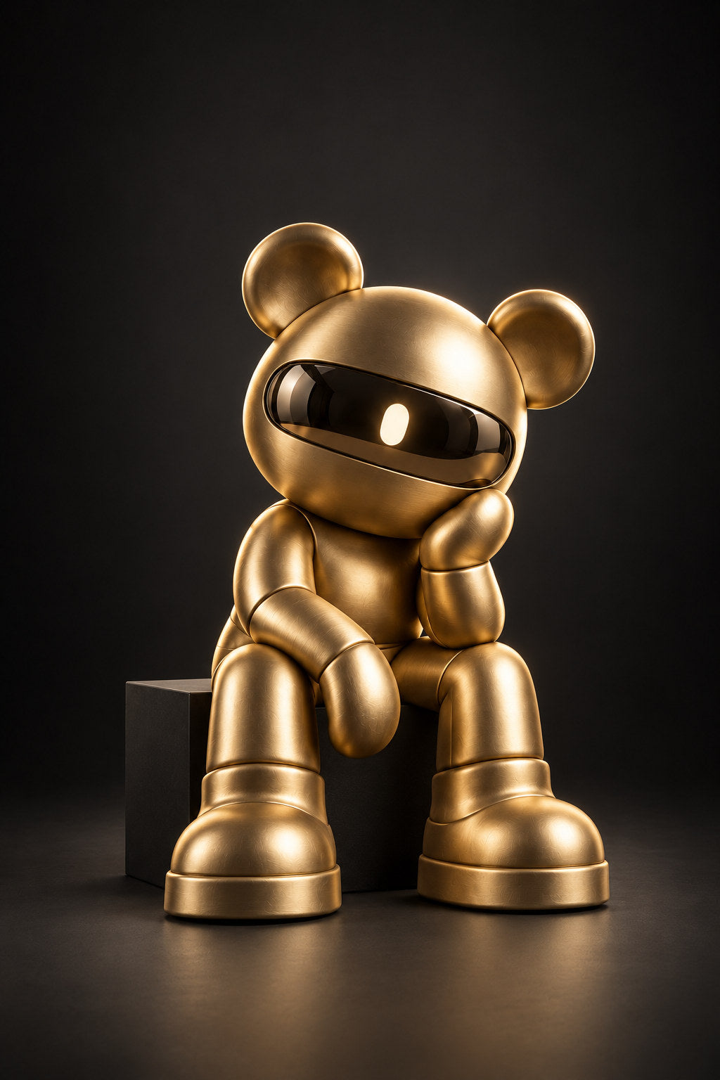 Auri, a satin-gold visor bear, sits thoughtfully on a dark cube against charcoal.