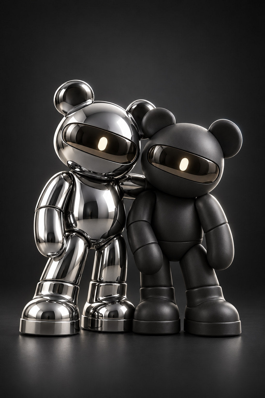 Sterling, a chrome bear, rests one paw on Ash, a matte graphite bear, against charcoal.