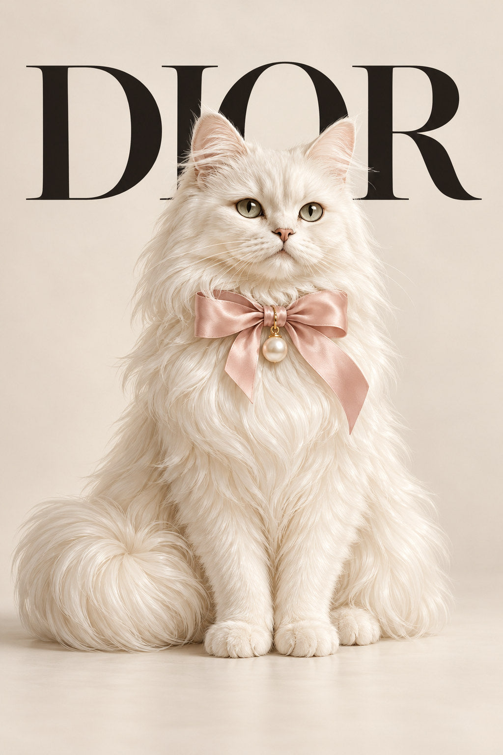 A seated white long-haired cat wears a blush bow and pearl pendant against ivory, with black DIOR lettering behind it.