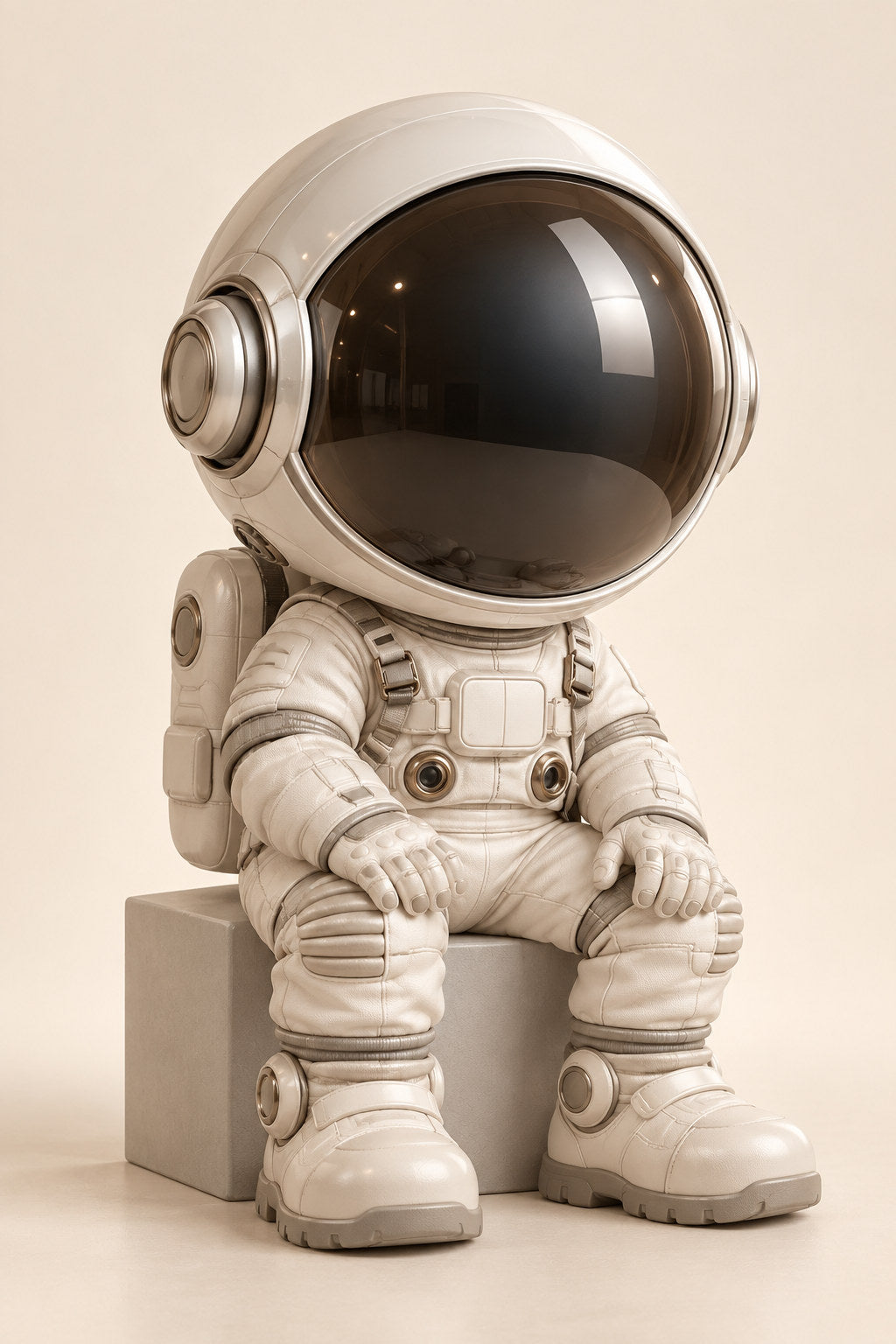 Moon, an ivory astronaut character with a dark reflective visor, sits on a light cube.