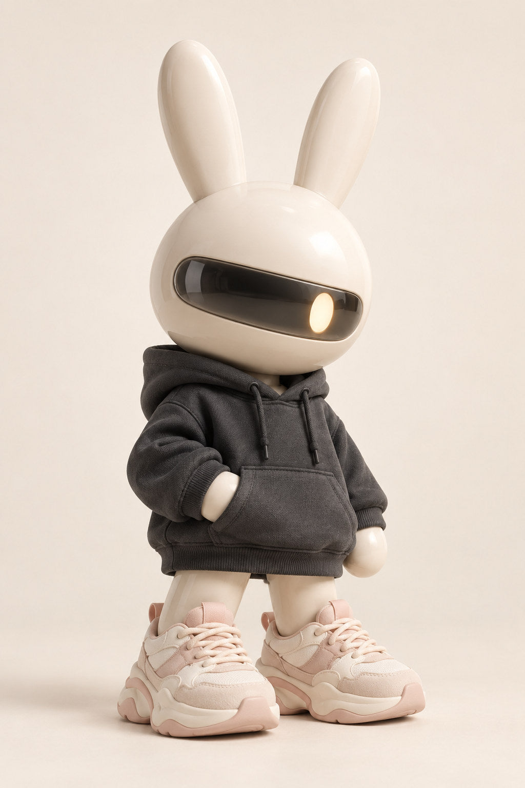 Lumi, an ivory visor rabbit, stands in a charcoal hoodie and pale pink trainers.