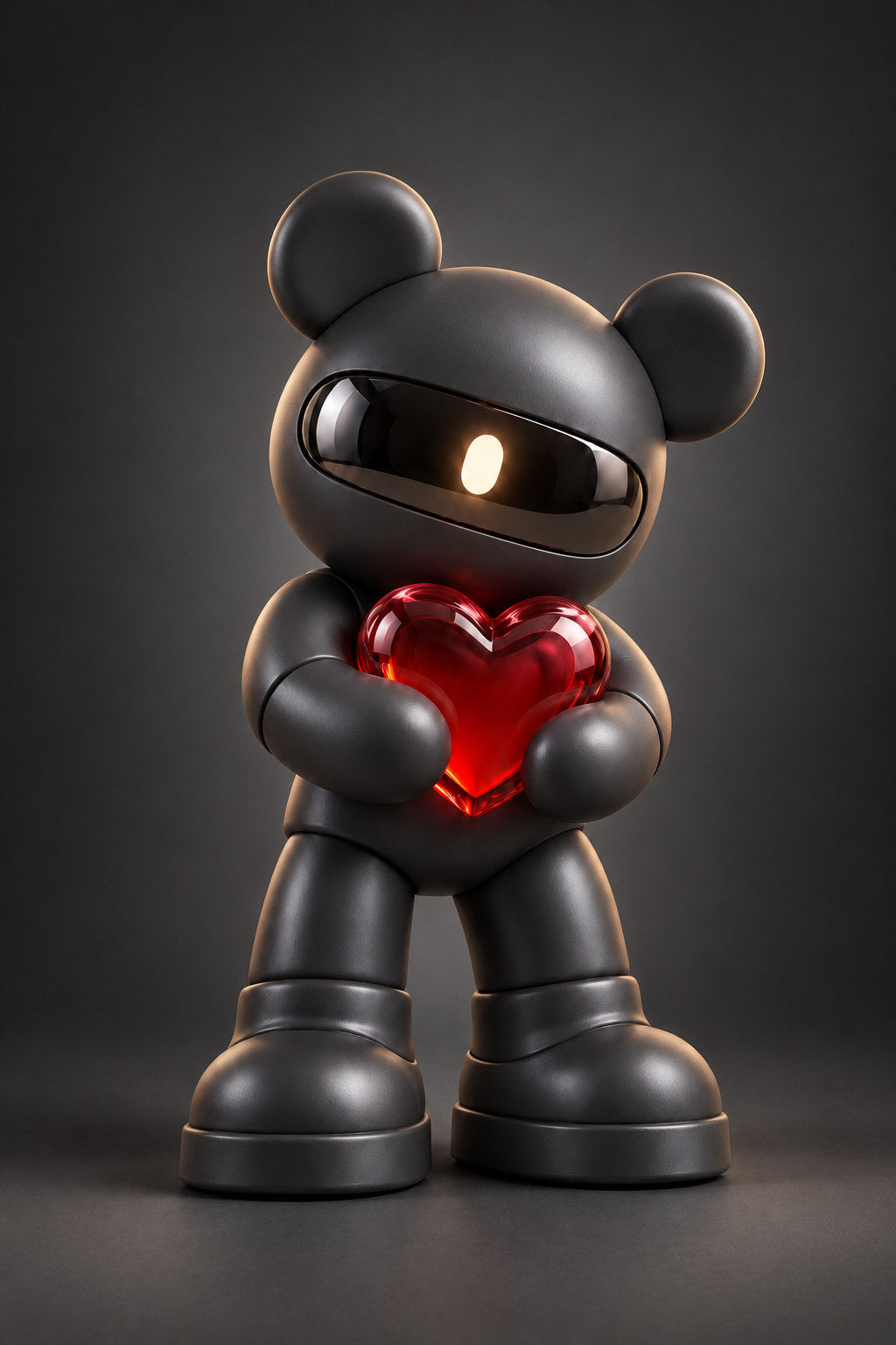 Ash, a graphite visor bear, holds a red heart against deep charcoal.