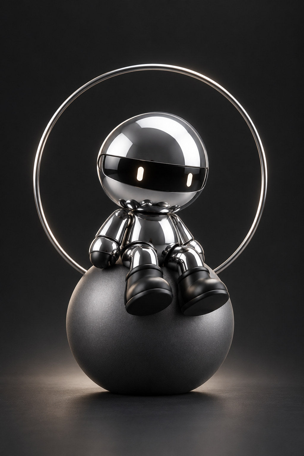 Orbit, a chrome visor robot, sits on a dark sphere inside a metallic orbital ring.