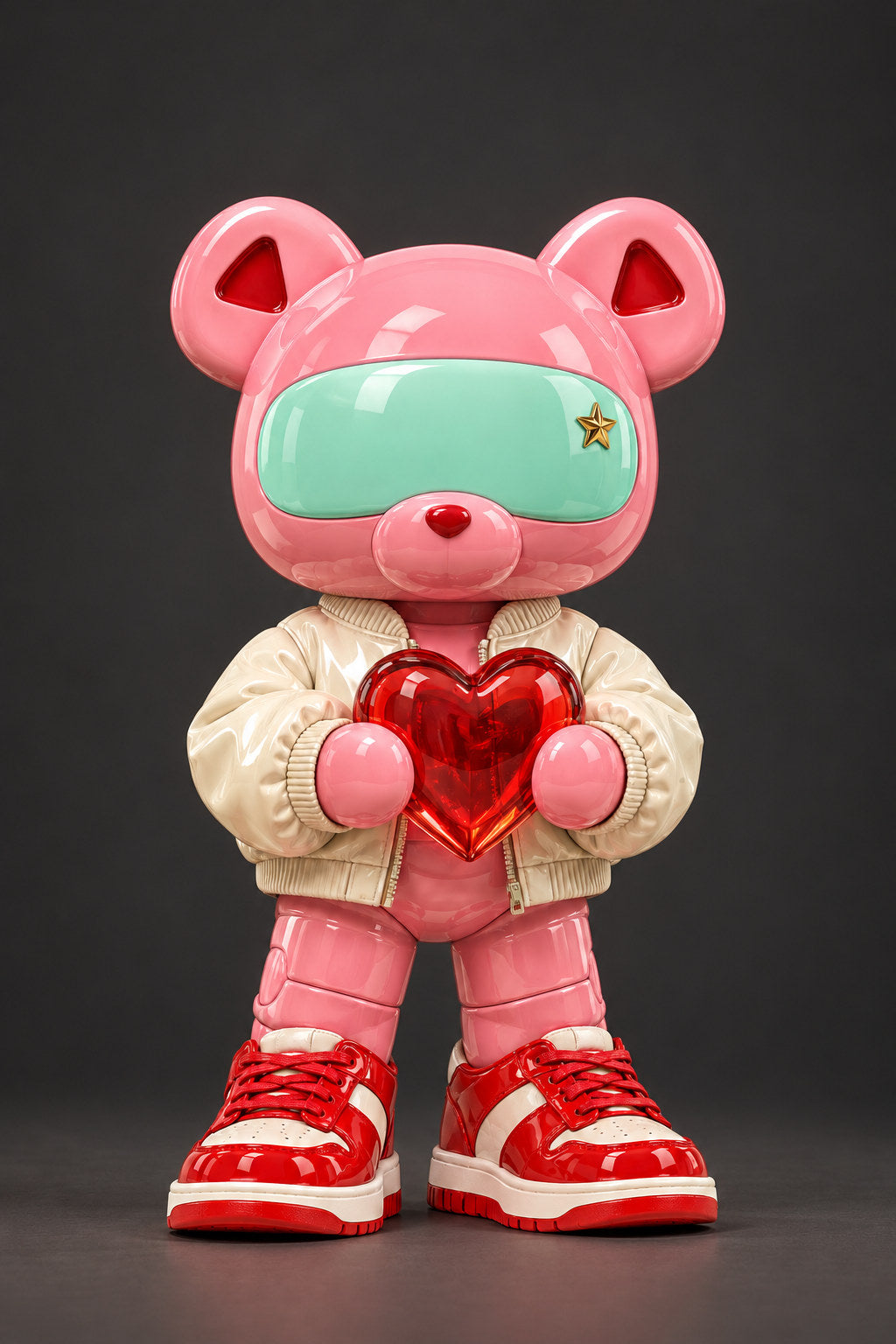 Rosie, a pink visor character holding a red heart, stands against charcoal.