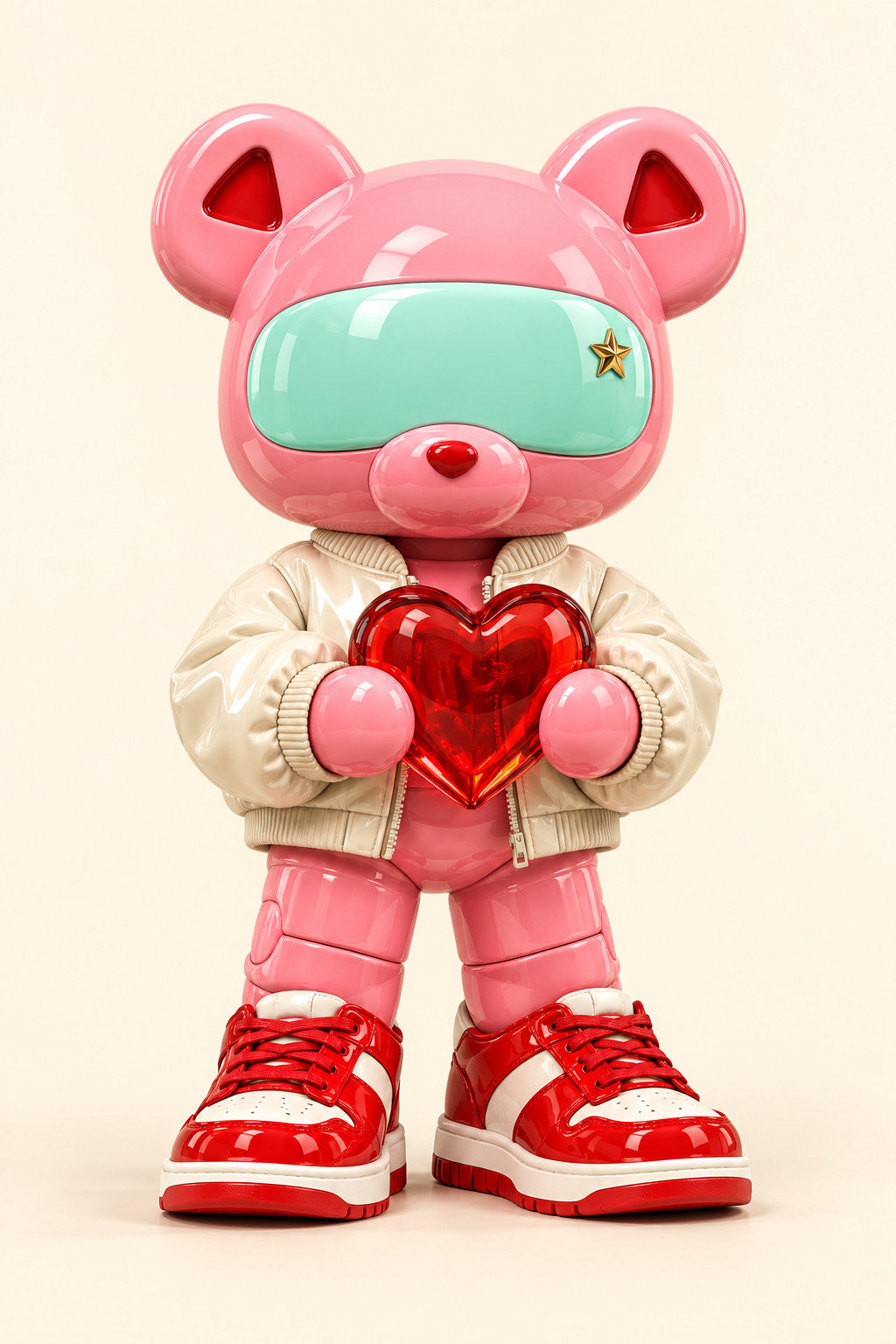 Rosie, a pink visor bear in a cream jacket and red-and-white sneakers, holds a red glass heart against ivory.