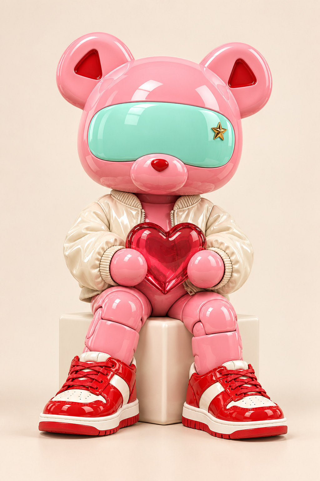 Rosie sits on an ivory cube holding a red glass heart, wearing a cream jacket and red-and-white sneakers.