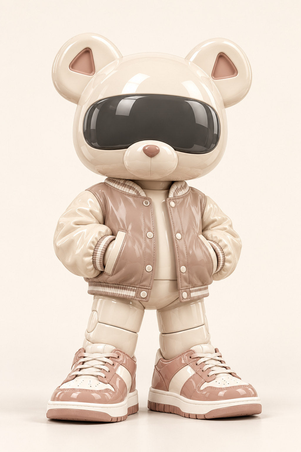 Pearl, an ivory visor bear in a taupe jacket and blush-accented sneakers, stands with paws in pockets.