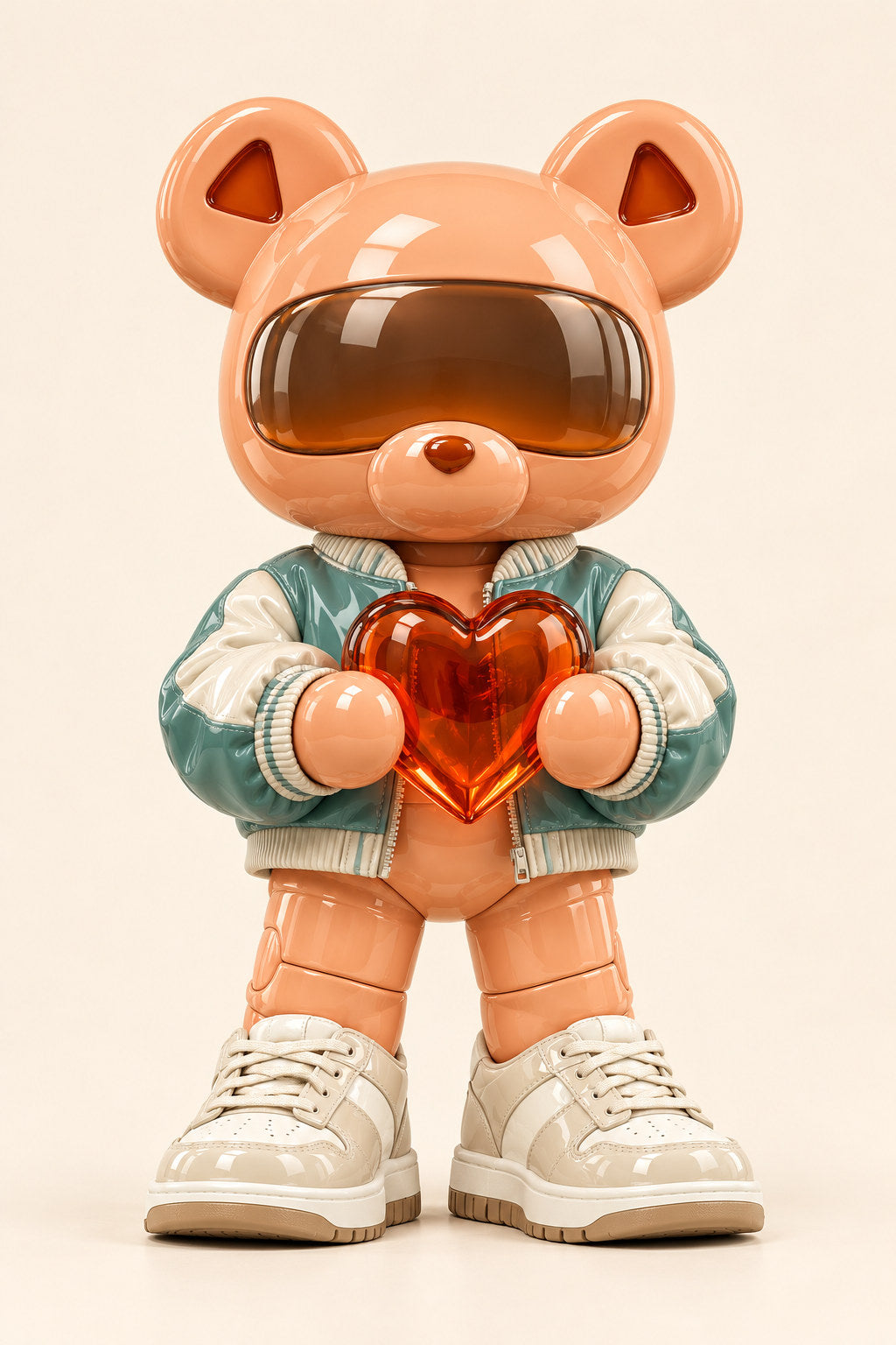 Apri, an apricot bear with an amber visor and teal jacket, holds an orange glass heart.