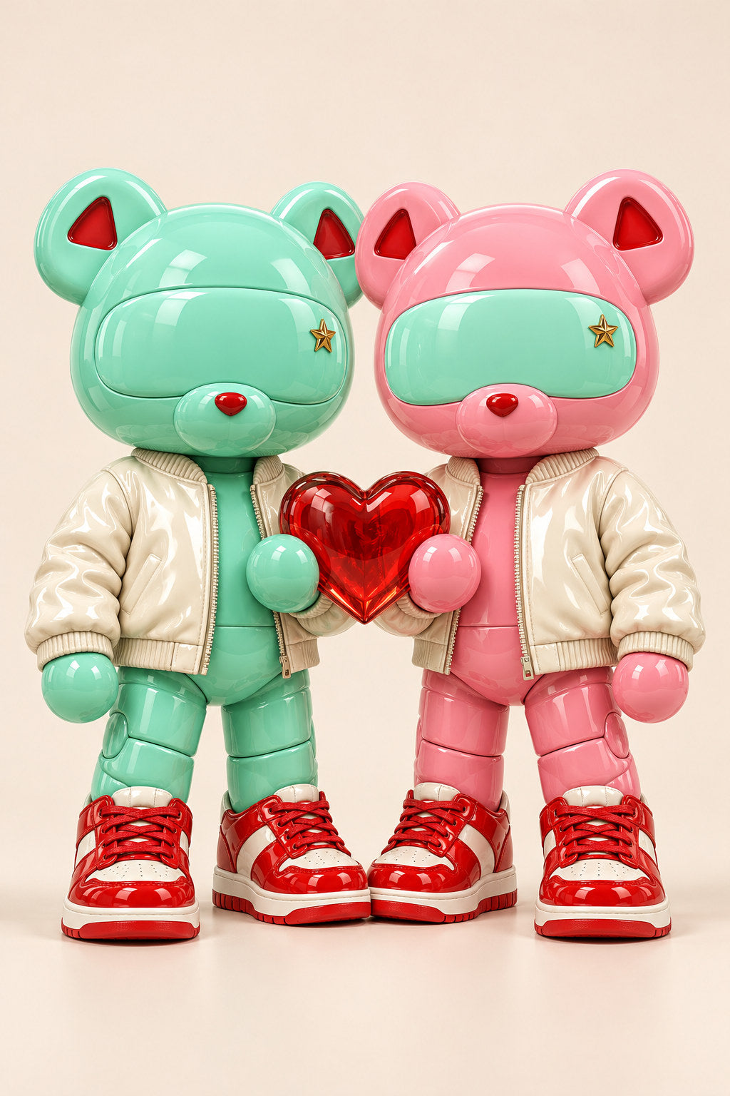 Juno and Rosie, mint and pink visor bears in cream jackets, share one red glass heart.