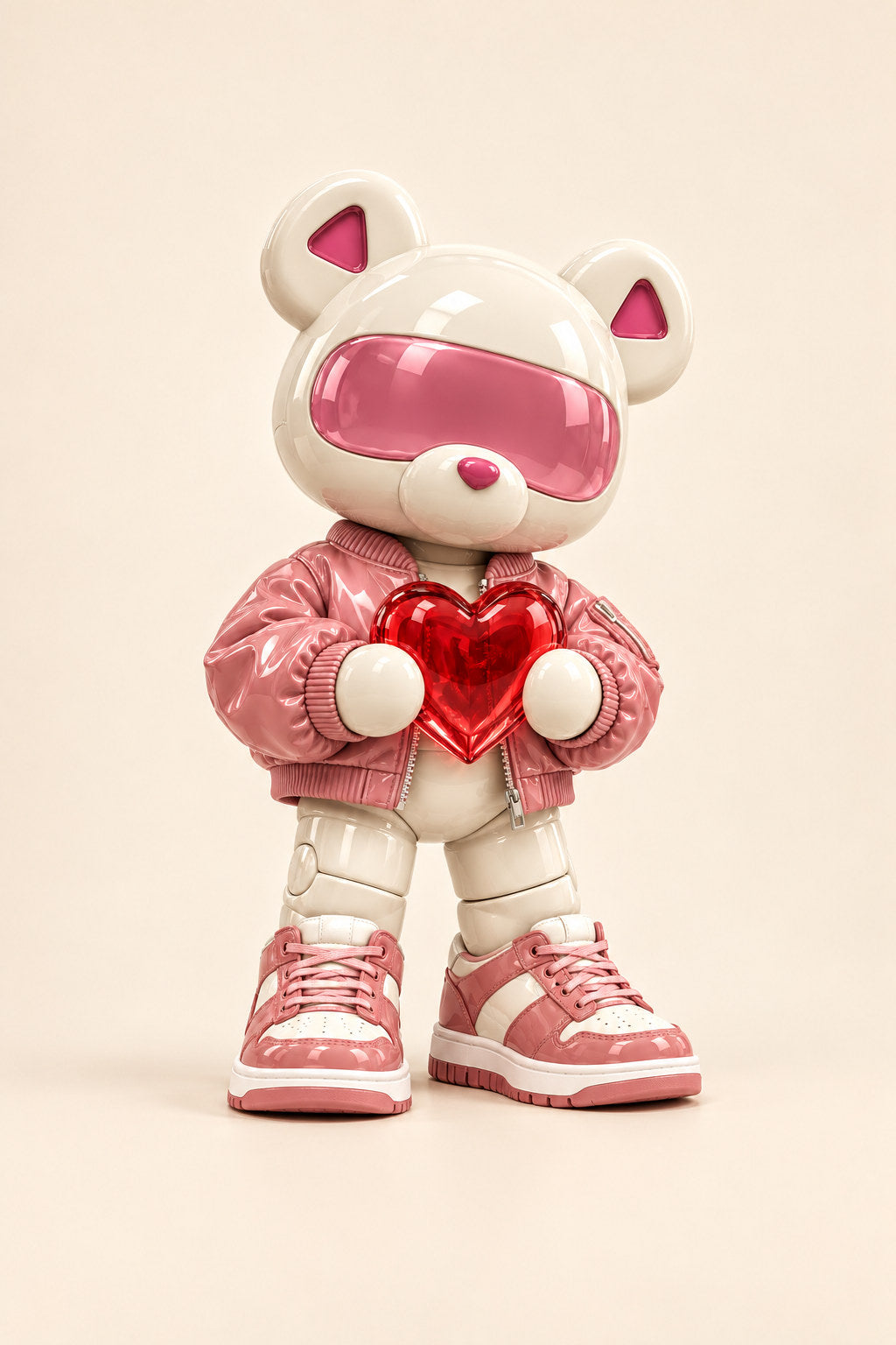 Pearl, an ivory bear in a dusty-rose jacket and pink trainers, tilts its head while holding a red heart.