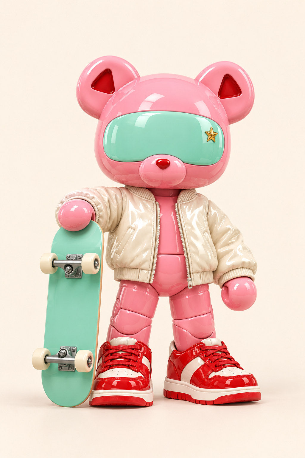 Rosie, a pink bear in a cream jacket and red-and-white sneakers, rests one paw on a mint skateboard.