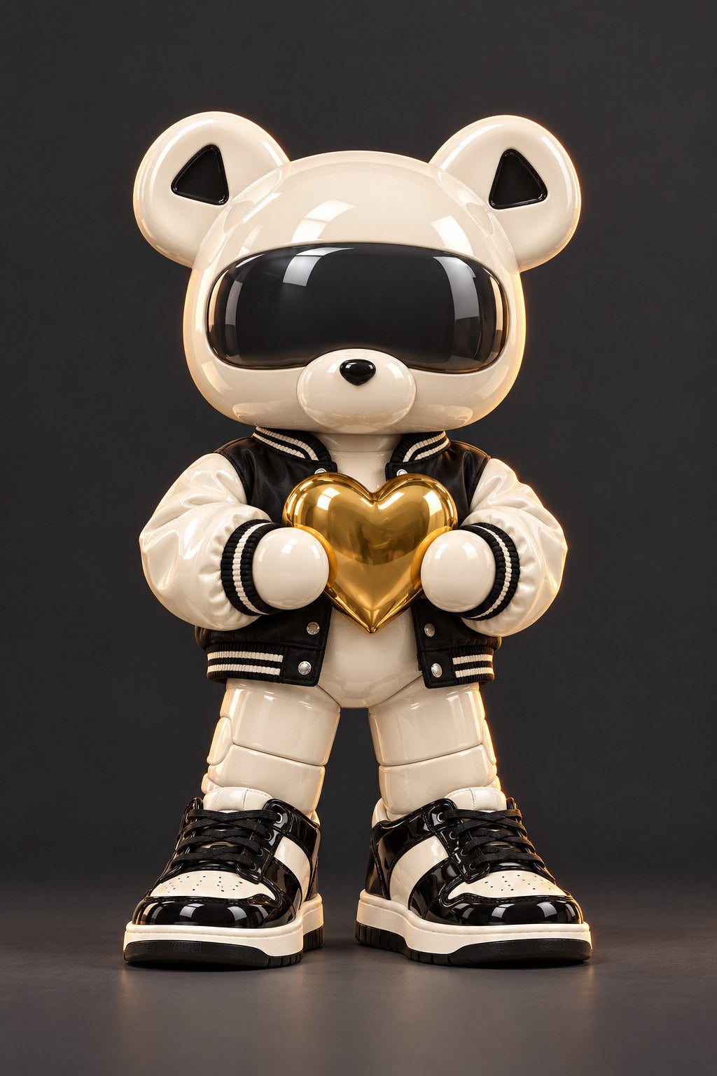Pearl, an ivory bear in a black-and-ivory varsity jacket, holds a gold heart against charcoal.
