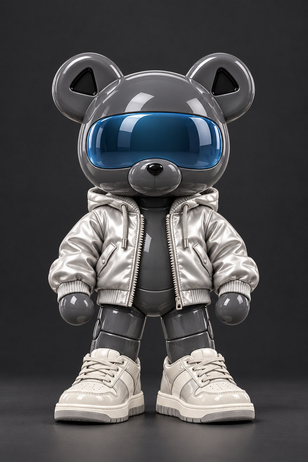 Slate, a graphite bear in a silver hooded jacket and ivory trainers, stands against charcoal.