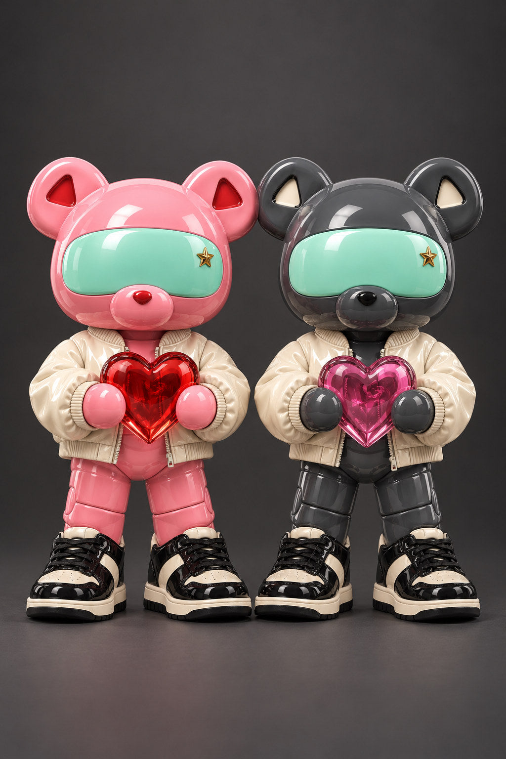 Rosie and Slate, pink and graphite bears in cream jackets, each hold a small heart against charcoal.