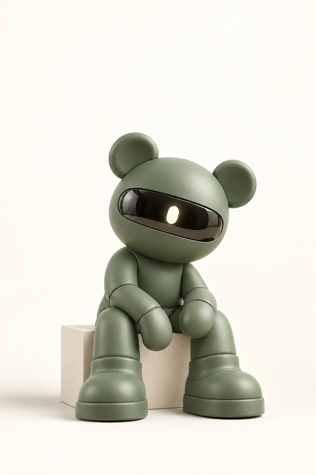 Moss, a sage-green visor bear, sits on an ivory cube with one paw against its cheek.