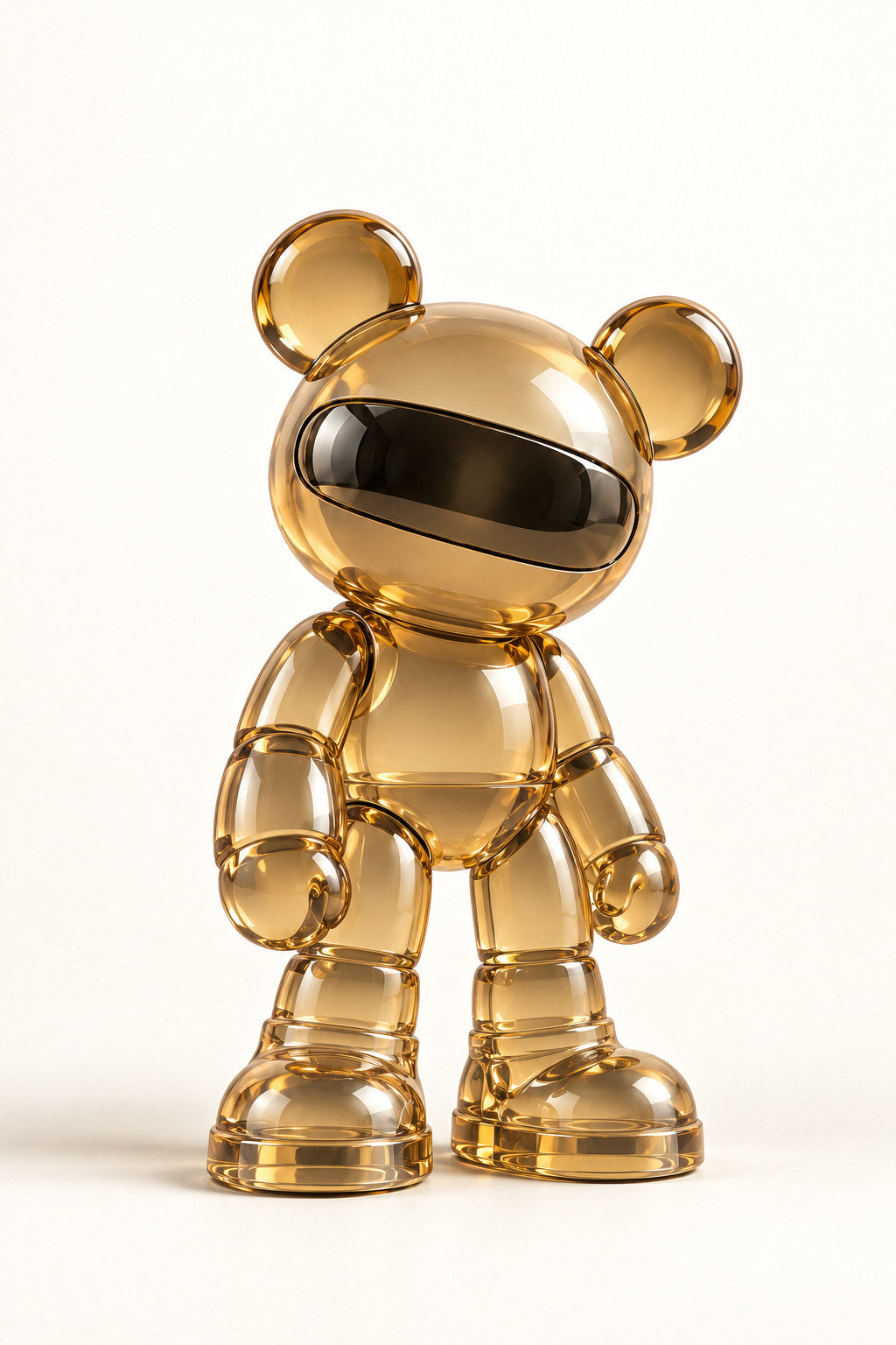 Prism, a transparent amber-tinted visor bear, stands against ivory with soft studio reflections.